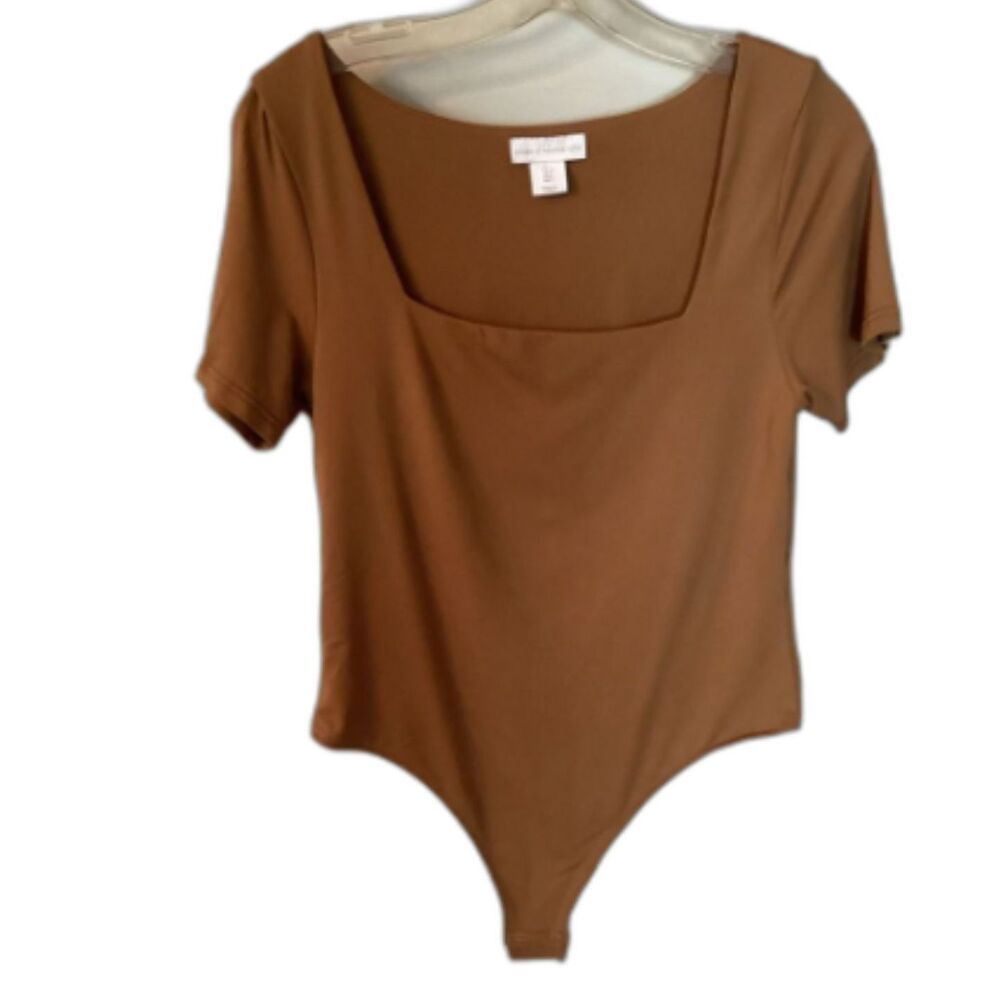 House of Harlow sz large copper brown short sleeve square neck bodysuit
